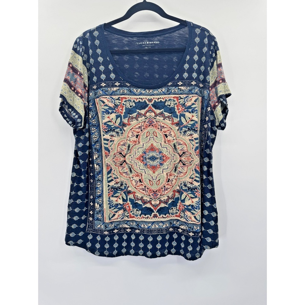 Lucky Brand Medallion Boho Navy Blue Multicolor Top 2X Scoop Mandala Floral Boho